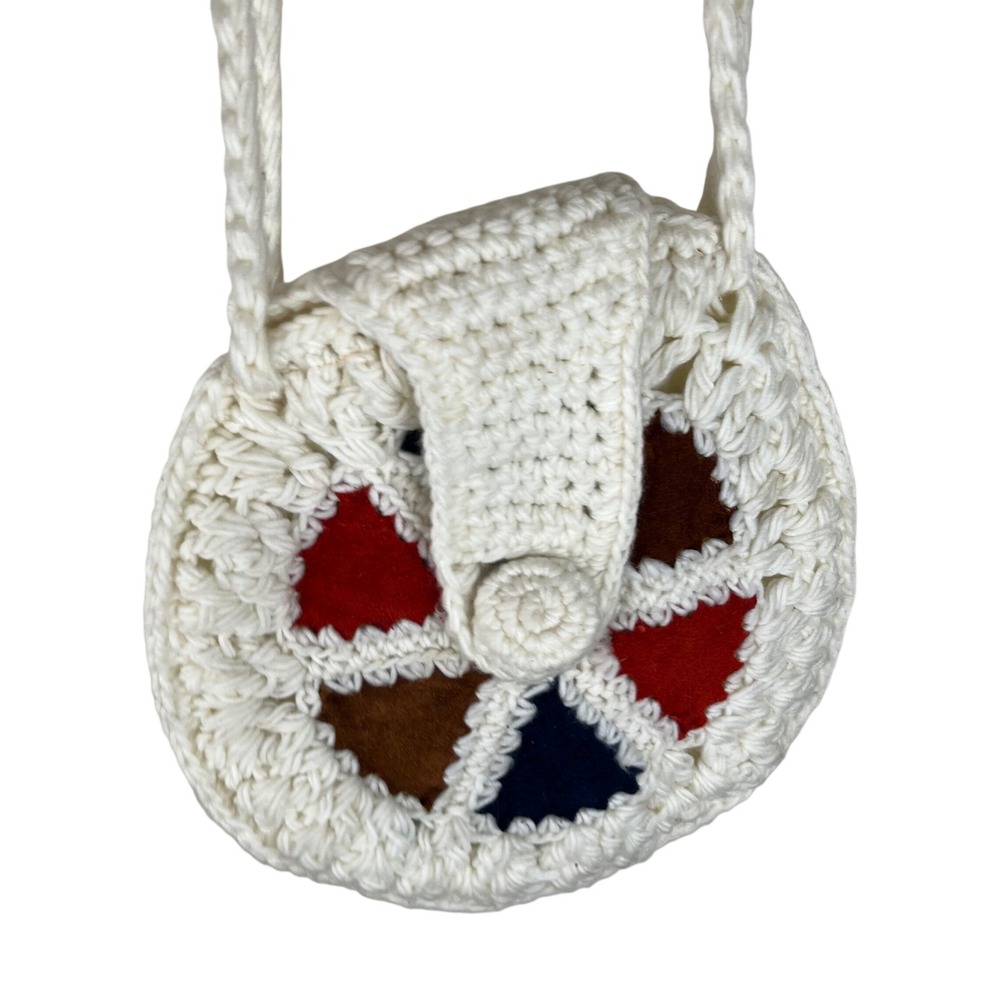 Vintage Hand Crochet Shoulder Bag White Acrylic Leather Patch Boho Round Purse